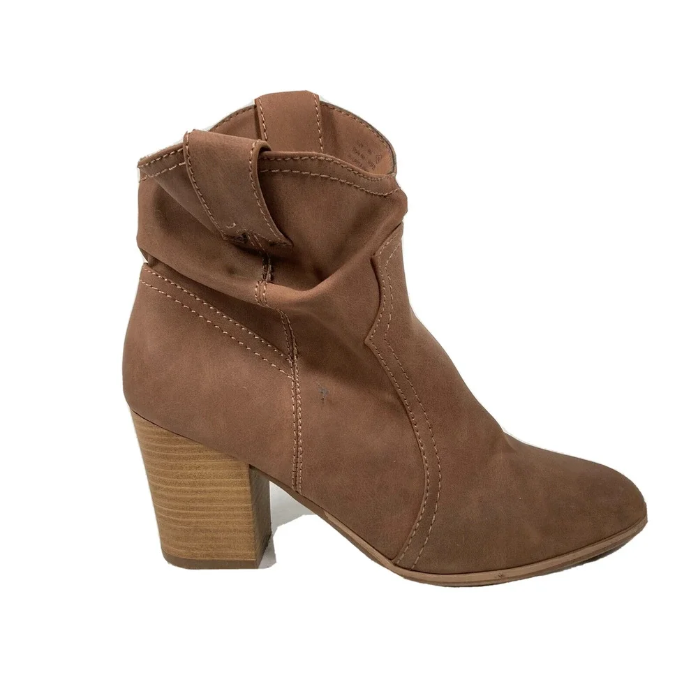 True Craft Boots Womens Sz 9 Brown Slouchy Pull On Stacked Heel Western Ankle